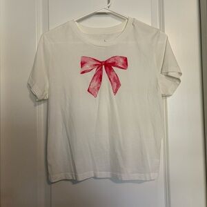 White Cropped Goodie Two Sleeves Pink Bow Short Sleeve T-Shirt - Size Large